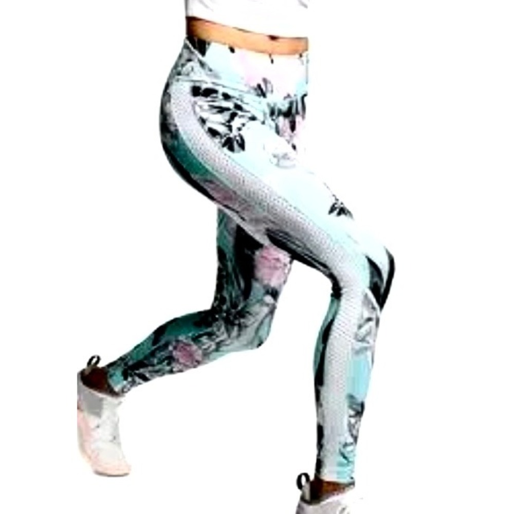 Nike Leggings Dri-FIT Womens Floral Mesh Panel Blue Pink Workout‎ Tights Large